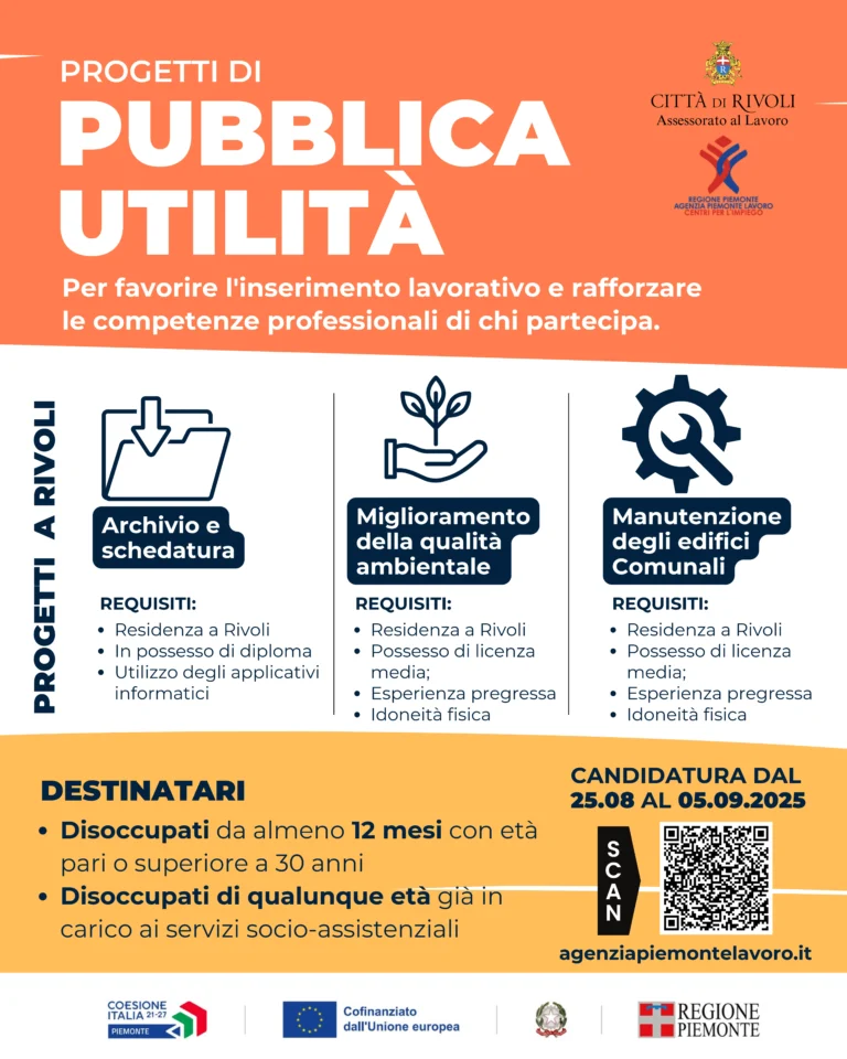 Rivoli, al via i Progetti di Pubblica Utilità: candidature aperte dal 25 agosto